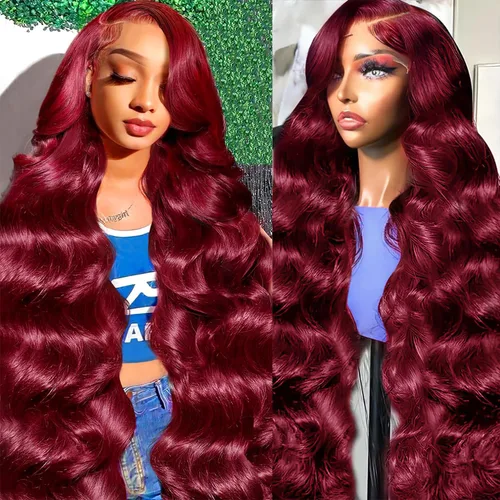 Vista 12 de Smabuity 99J Pelucas de encaje frontal burdeo de pelo humano, peluca burdeo roja de pelo humano, 13x6, peluca de encaje frontal HD de onda corporal
