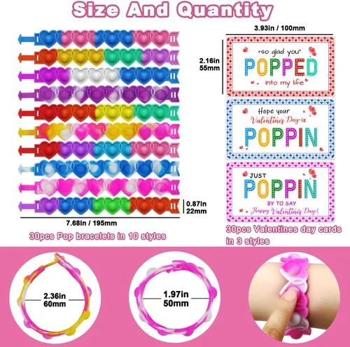 Vista 2 de JUNQIU Tarjetas del Día de San Valentín para Niños de Escuela, Paquete de 30 Tarjetas Pop It de San Valentín, Tarjetas de Intercambio de San