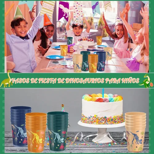 Vista 6 de Nuanchu Paquete de 24 vasos de plástico para fiesta de dinosaurios, suministros de cumpleaños, vaso de dinosaurio reutilizable para decoración
