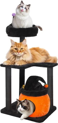 Vista 7 de KAMABOKO Árbol gótico para gatos, torre negra para gatos de 44.8 pulgadas con cama de ataúd, condominio grande y alto para gatos con postes