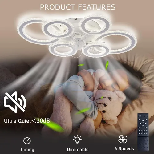 Vista 7 de Lámpara de techo inteligente de 76 cm con ventilador y motor CC de 6 marchas, ventilador de techo reversible silencioso con luz LED regulable