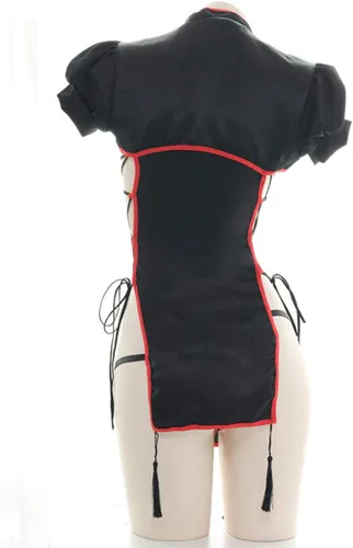 Vista 6 de Yameidie Vestido chino Cheongsam para mujer, lencería de anime para cosplay, con abertura alta, Qipao tradicional (negro), Negro