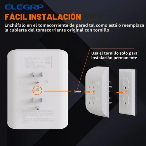 Vista 5 de ELEGRP Extensor de 6 salidas con anclaje central, pestaña de pared con conexión a tierra de 3 puntas, extensor de salida múltiple con 6 tomas
