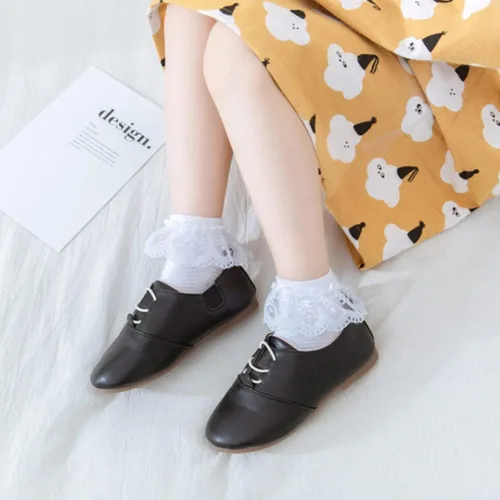 Vista 8 de Looching 4 pares de calcetines de princesa de encaje para bebés y niñas pequeñas, calcetines de algodón con volantes sólidos al tobillo