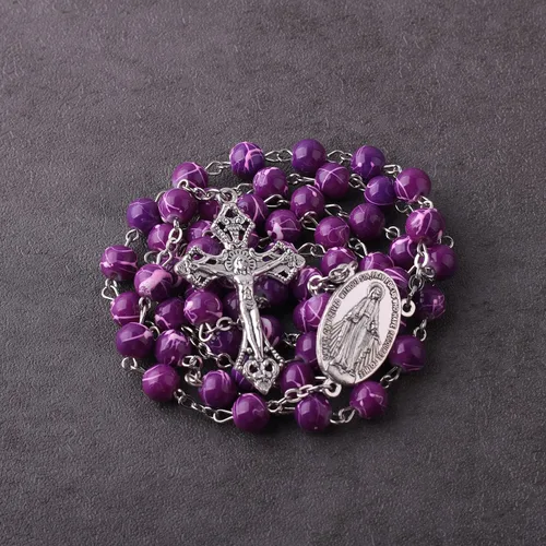 Vista 5 de Luomu Cuentas de vidrio de 0.315in con hermoso patrón impreso, cadena católica rosario, collar con medalla milagrosa de Virgen María y crucifijo, No