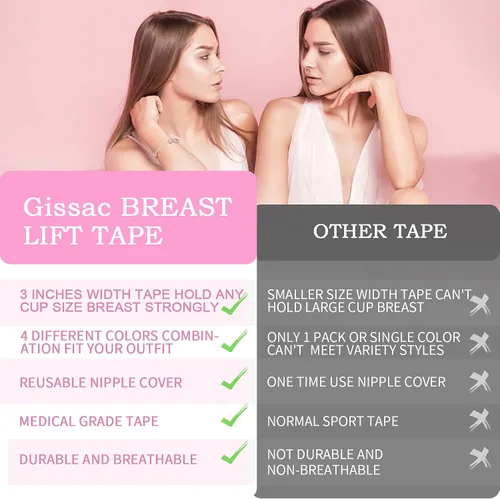 Vista 2 de Gisaae Cinta de levantamiento de senos de 3 pulgadas de ancho, cinta Boobytape con cubiertas reutilizables para pezones, cinta de levantamiento