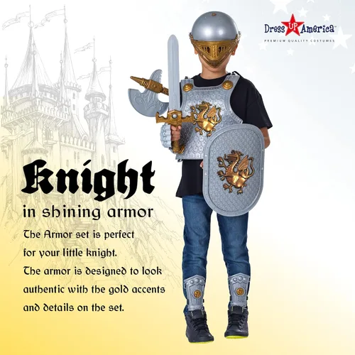 Vista 3 de Dress Up America Juego de armadura de caballero para niños, escudo medieval y casco, disfraz de caballero real para niños