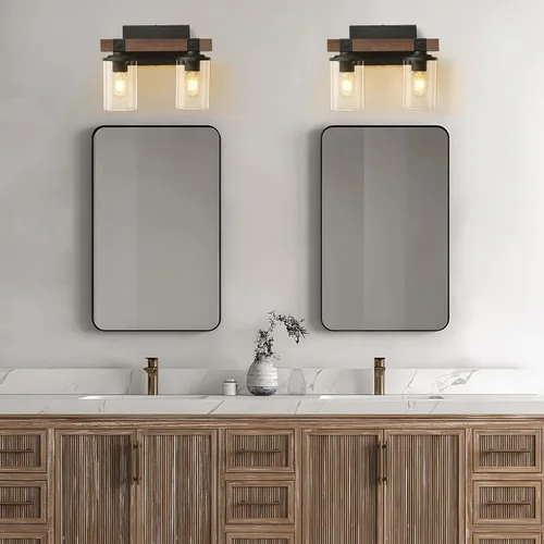 Vista 2 de Lámpara de tocador de granja para baño, accesorios de iluminación rústica de madera Luces de baño de 2 luces sobre espejo vintage de pared