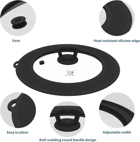 Vista 8 de Tapa universal de vidrio templado ventilado para sartén con borde de silicona resistente al calor, cubierta de tapa de salpicaduras de microondas