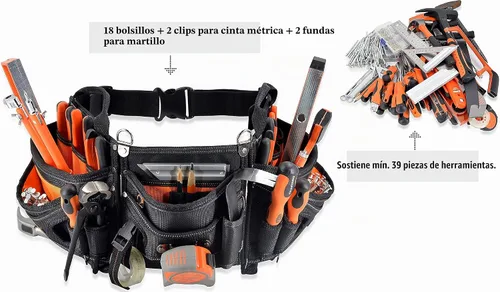 Vista 2 de WELKINLAND Cinturón de herramientas de carpintero de 18 bolsillos - Bolsa de herramientas para construcción y HVAC para hombres