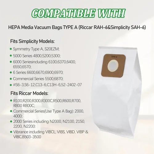 Vista 3 de 12 bolsas de vacío SAH-6 para aspiradora vertical Simplicity tipo A S20EZM Symmetry y serie 6