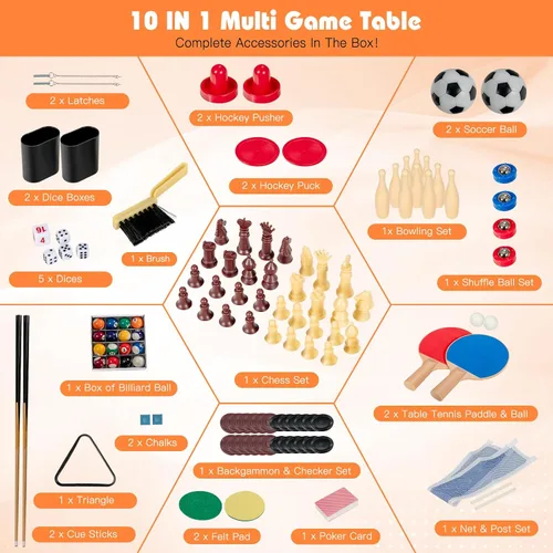 Vista 4 de GYMAX Mesa de Juegos Múltiples, Mesa de Juegos Combinada 10 en 1 con Mesa de Futbolín, Hockey, Mesa de Billar, Ping Pong, Shuffleboard, Bolos y 4