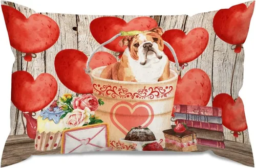 Vista 57 de Fundas de almohada lumbar con textura de madera rústica para perro en cubo, diseño de corazón rojo para el día de San Valentín, fundas de almohada