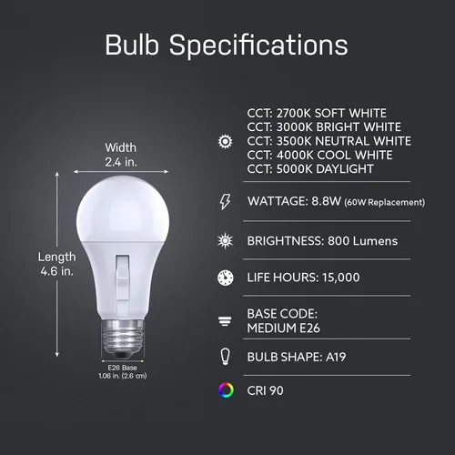 Vista 3 de Bombilla LED con sensor de movimiento Feit Electric, A19 equivalente a 60 W, 5CCT, no regulable, base media E26, CRI 90, 800 lúmenes, blanco