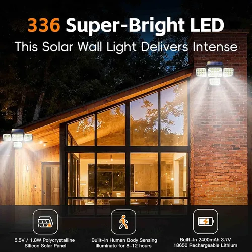 Vista 5 de Luces solares para exteriores 336 LED, luz de pared de seguridad con sensor de movimiento con control remoto, diseño ajustable de 4 cabezales