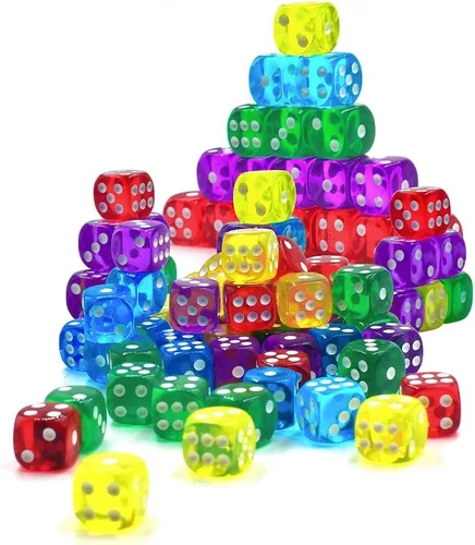 Vista 4 de Paquete de 50 dados de 6 lados de 14 mm de colores translúcidos, con bolsa negra para juego de mesa