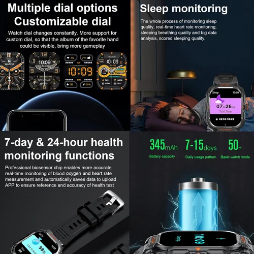 Vista 8 de Reloj inteligente militar con auriculares para hombres y mujeres, pantalla táctica de 2 pulgadas, modos deportivos, rastreador de fitness