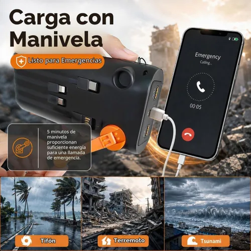 Vista 6 de ReeZar Cargador solar de 61200 mAh, manivela de mano integrada y 4 cables PD 15 W QC3.0 de carga rápida, entrada y salida tipo C, linterna
