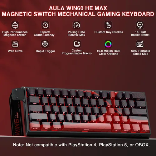 Vista 2 de AULA WIN60 HE MAX - Teclado mecánico 60% para juegos con cable, interruptores magnéticos de efecto Hall intercambiables en caliente, modo de disparo
