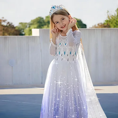 Vista 5 de Mcgeeney Vestido Elsa Frozen Disfraz de Elsa para niñas de 3 a 12 años Capa de tul de lentejuelas desmontable de longitud completa Regalo ideal
