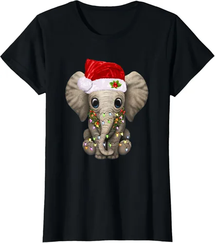 Vista 41 de Lindo elefante de Navidad luz divertido elefante amante de Navidad regalo camiseta Negro