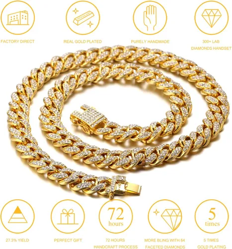 Vista 6 de Halukakah HOLLYWOOF - Collar de perro – Cadena de eslabones cubanos chapada en oro, lujoso auricular de diamantes y 0.551 in de grosor, tamaño 24