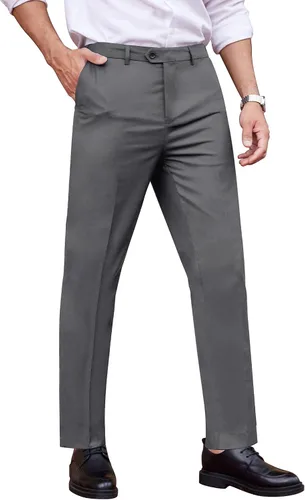 Vista 3 de COOFANDY Pantalones de vestir de ajuste clásico para hombre, pantalones formales rectos con frente plano, sin arrugas, cintura expandible