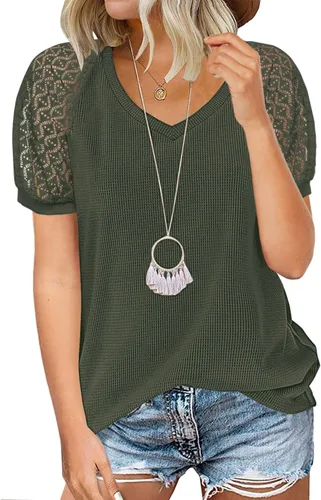 Vista 11 de MIHOLL - Blusa de manga corta con cuello en V y encaje para mujer, estilo casual holgado 01_ Negro
