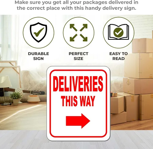 Vista 2 de Deliveries This Way con flecha derecha, letrero compuesto de aluminio, instrucciones de entrega para mis paquetes de Amazon, FedEx, USPS, UPS