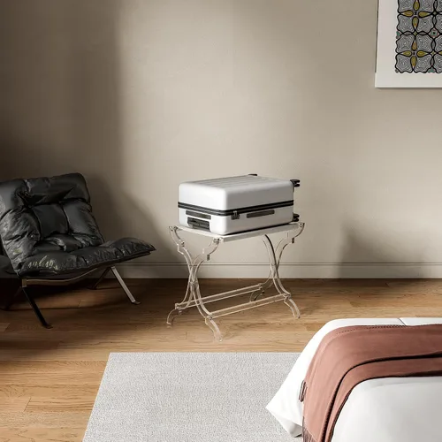 Vista 6 de Byingo Portaequipajes acrílico, elegante soporte plegable para maleta con estante de tela PET para habitación de invitados, dormitorio, hotel