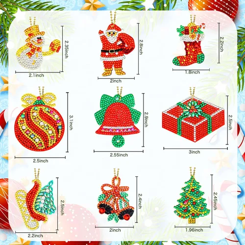 Vista 2 de Hicarer 9 piezas de adornos de Navidad de doble cara 5D DIY pintura de diamantes de Navidad kits de llaveros para adultos DIY llavero arte colgante