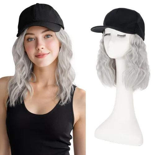 Vista 7 de S-noilite Peluca de gorra de béisbol con extensiones de cabello, 8 pulgadas, corta, rizada, ondulada, estilo Bob, peinado, ajustable, con cabello
