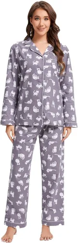 Vista 16 de CHUNG Conjunto de pijama de franela para mujer, tops con botones de algodón cepillado, pantalones S-XL, ropa de dormir, ropa de descanso, acogedora