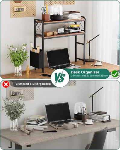 Vista 9 de Estantes de escritorio, soporte para monitor con estantes ajustables y bolsillos laterales, organizador de estantería de escritorio de 2 niveles