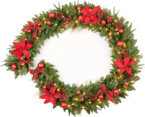Vista 11 de Guirnalda de Navidad preencendida de 9 pies con bayas y bolas doradas, piña, flor dorada y 50 luces LED blancas suaves que funcionan