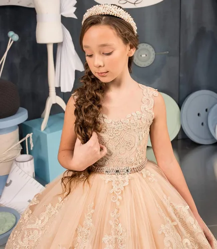 Vista 2 de Uzqast Apliques de encaje vestidos de niña de flores de tul princesa vestido de fiesta de boda con cinturón de perlas