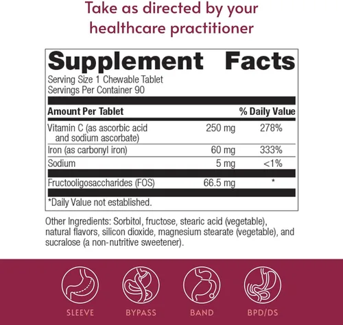 Vista 4 de Bariatric Advantage Hierro masticable de 60 mg con vitamina C para una mayor absorción y utilización, fácilmente digerible para pacientes