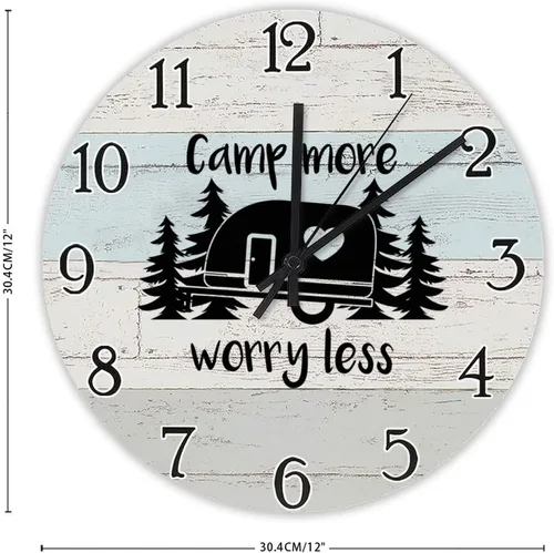 Vista 2 de Camping More Worry Less Camper - Reloj de pared rústico para campamento, aventuras, viajes, senderismo, relojes redondos de madera, decoración