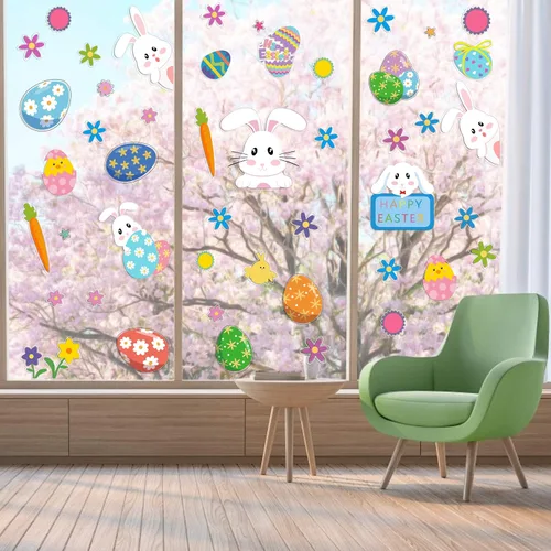 Vista 3 de CCINEE Lindas calcomanías de Pascua para decoración del hogar, huevos de Pascua de conejito para ventanas, 12 hojas