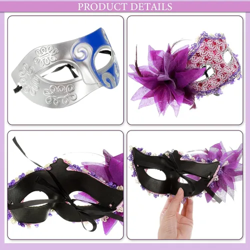 Vista 3 de 16 máscaras de Mardi Gras con plumas unisex medias mascaradas máscaras venecianas para mujeres hombres niños carnaval fiesta accesorio de disfraz