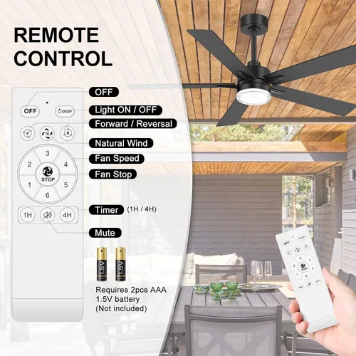 Vista 8 de 52 Inch Ceiling Fan with Lights and Remote, Modern Black Ceiling Fan, 6-Speed Reversible Motor, 3000K/4000K/6000K LED Light, Indoor Ceiling Fan for