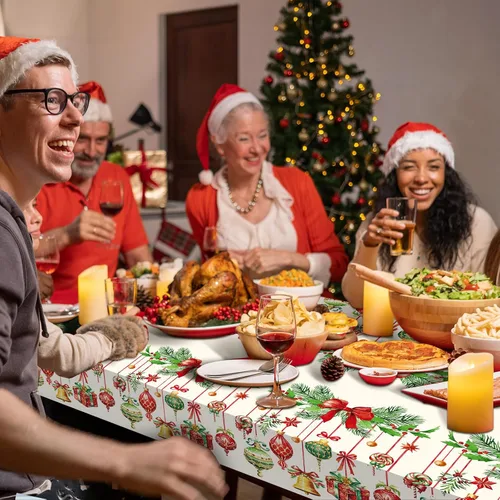 Vista 6 de Frienda Paquete de 3 manteles de plástico para Navidad, mantel de Navidad desechable rectangular para decoración de fiesta de Navidad, suministros