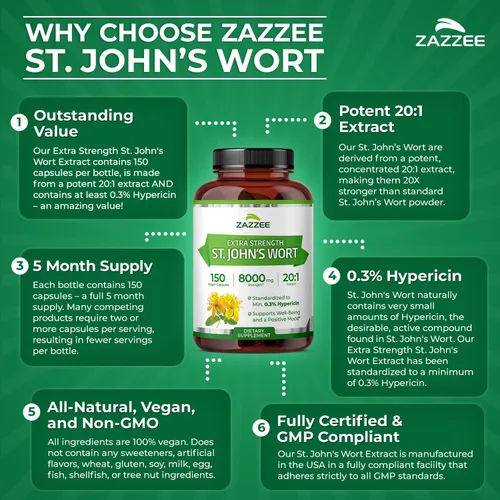 Vista 6 de Zazzee Extracto 20:1 de hierba de San Juan extra fuerte, 8000 mg de fuerza, 0.3% de hipericina, 150 cápsulas veganas, suministro de 5 meses
