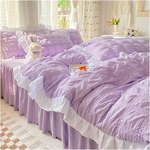 Vista 7 de ADovz Juego de ropa de cama con volantes y encaje, falda de cama para mujer, color sólido, tamaño Queen, juego de funda de edredón para cama doble