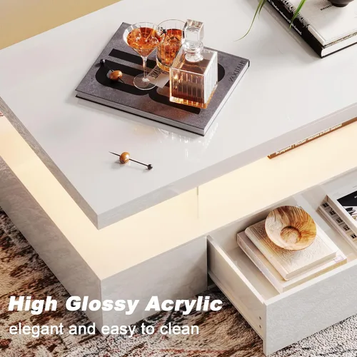 Vista 5 de ChooChoo Mesa de centro moderna con LED, mesa central de alto brillo con cajón, mesa auxiliar rectangular con almacenamiento para sala de estar