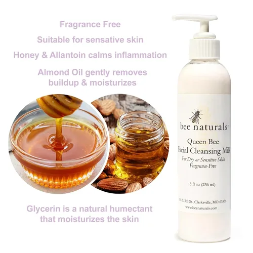 Vista 3 de Bee Naturals Leche limpiadora facial, 8 onzas, aceite de miel, alantoína y almendras, hidrata, limpia y calma la inflamación, segura para pieles