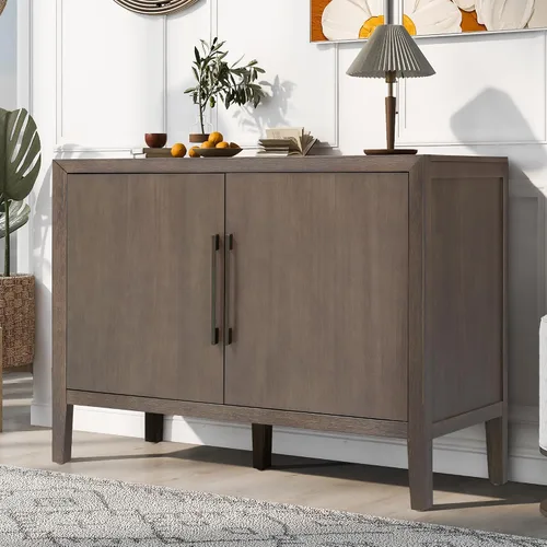 Vista 3 de Merax Aparador de buffet de madera rústica moderna con estante de almacenamiento, 2 puertas, cafetería, bar, soporte de TV para dormitorio, sala