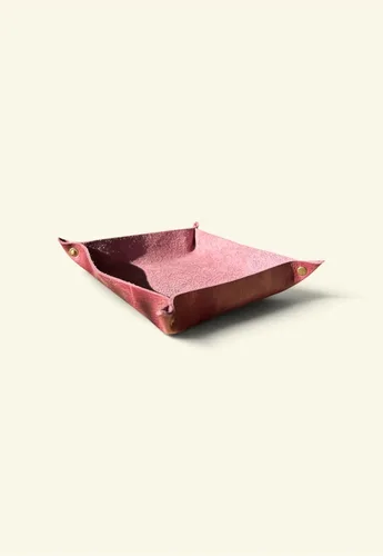 Vista 2 de Handmade Genuine Leather Valet Tray Organizer for Keys, Wallet, Watch, Jewelry - Square Shape, Pink - 6.3 x 6.3 inches