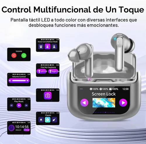 Vista 5 de Auriculares inalámbricos, auriculares Bluetooth 5.4 con pantalla táctil multifunción de 5 modos EQ, auriculares de 48H con graves estéreo y ANC