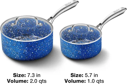 Vista 8 de Kitchen Granite - Juego de sartenes antiadherentes de 1 cuarto y 2 cuartos de galón con tapa, juego de ollas multiusos para el hogar, cocina o Azul
